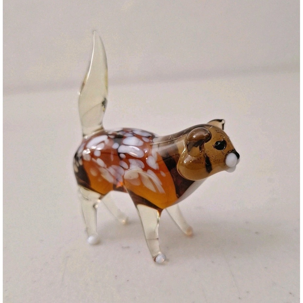 VTG Murano Style Art Glass Cat Figurine Trinket, Hand Blown, Natural Bubbles MCM